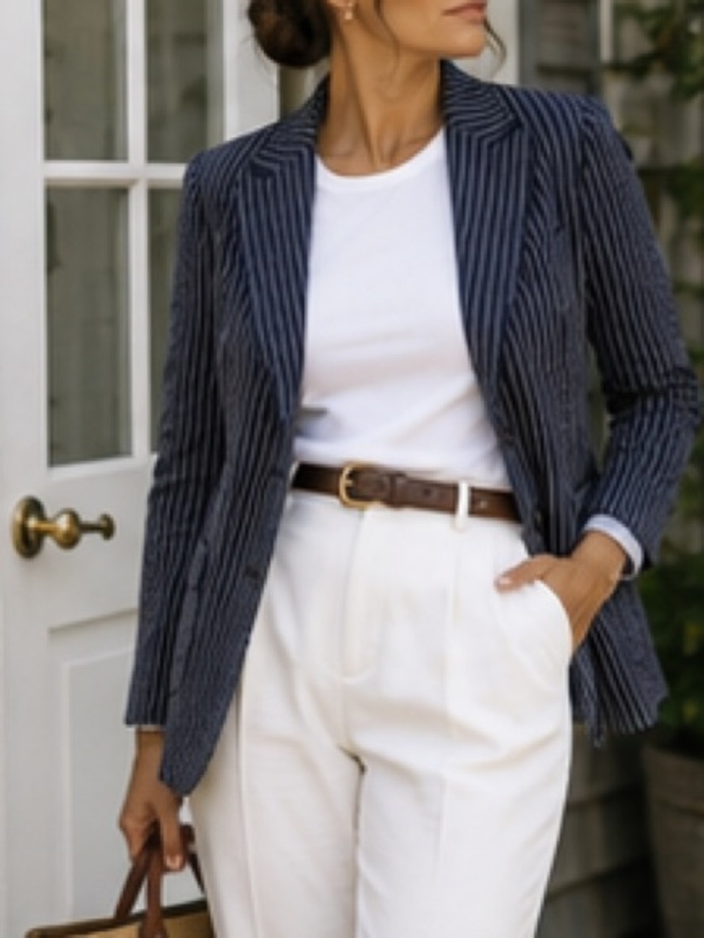 Max Mara Navy Pinstriped Blazer Cotton Linen Seersucker Excellent Size 6